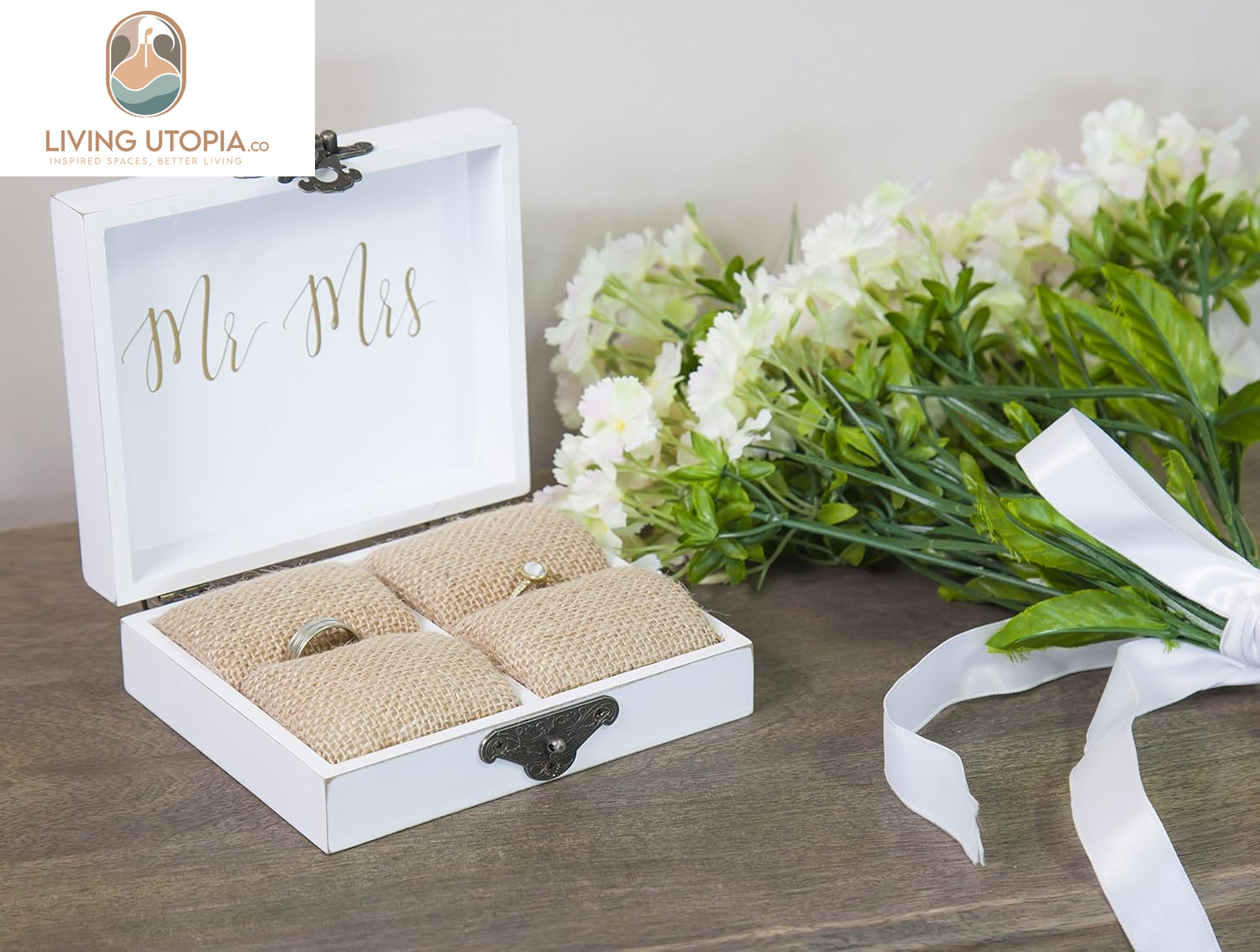 “With This Ring, I Thee Wed” Wooden Double Ring Holder | Mr. and Mrs. Decorative Ring Case for Wedding Ceremony Engagement Proposal | Ring Bearer Box for Anniversary Birthday Gift Ideas