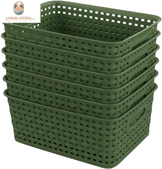 Plastic Weave Storage Baskets for Kitchen Bathroom, Green, 6 Packs
