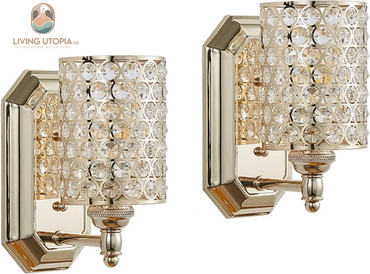 2 Pack 1 Light Crystal Wall Sconce Lighting with Champagne Finish,Modern Concise Style Wall Light Fixture Polyhedral Crystal Shade for Bathroom, Bedroom Living Room Bedside