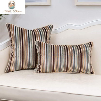 Brown Striped Throw Pillow Cover Multicolor Velvet Cushion Cover Zippered Rectangular Pillowcase for Sofa Couch Bedroom Living Room Home Decoration, 12X20 Inch