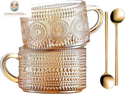 Vintage Coffee Mugs 14 Oz Set of 2 Amber Embossed Glass Tea Cups for Cappccino, Latte,Cereal, Yogurt, Beverage Christmas Thanksgiving Day Gifts