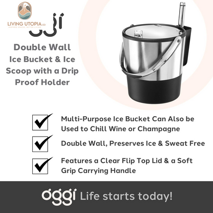 Insulated Ice Bucket, 4 Quart / 3.8 L, Stainless Steel, Black.
