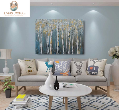 Birch Tree Canvas Wall Art Hand Painted Teal and White Color Painting with Gold Foil Modern Forest Pictures for Living Room Bedroom Office Decoration