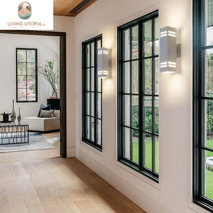 Aluminum Modern Outdoor Wall Light,15" Exterior up down Wall Sconce Light Fixture Sand Textured White with 3-Sided Frosted Glasses [ETL Listed]
