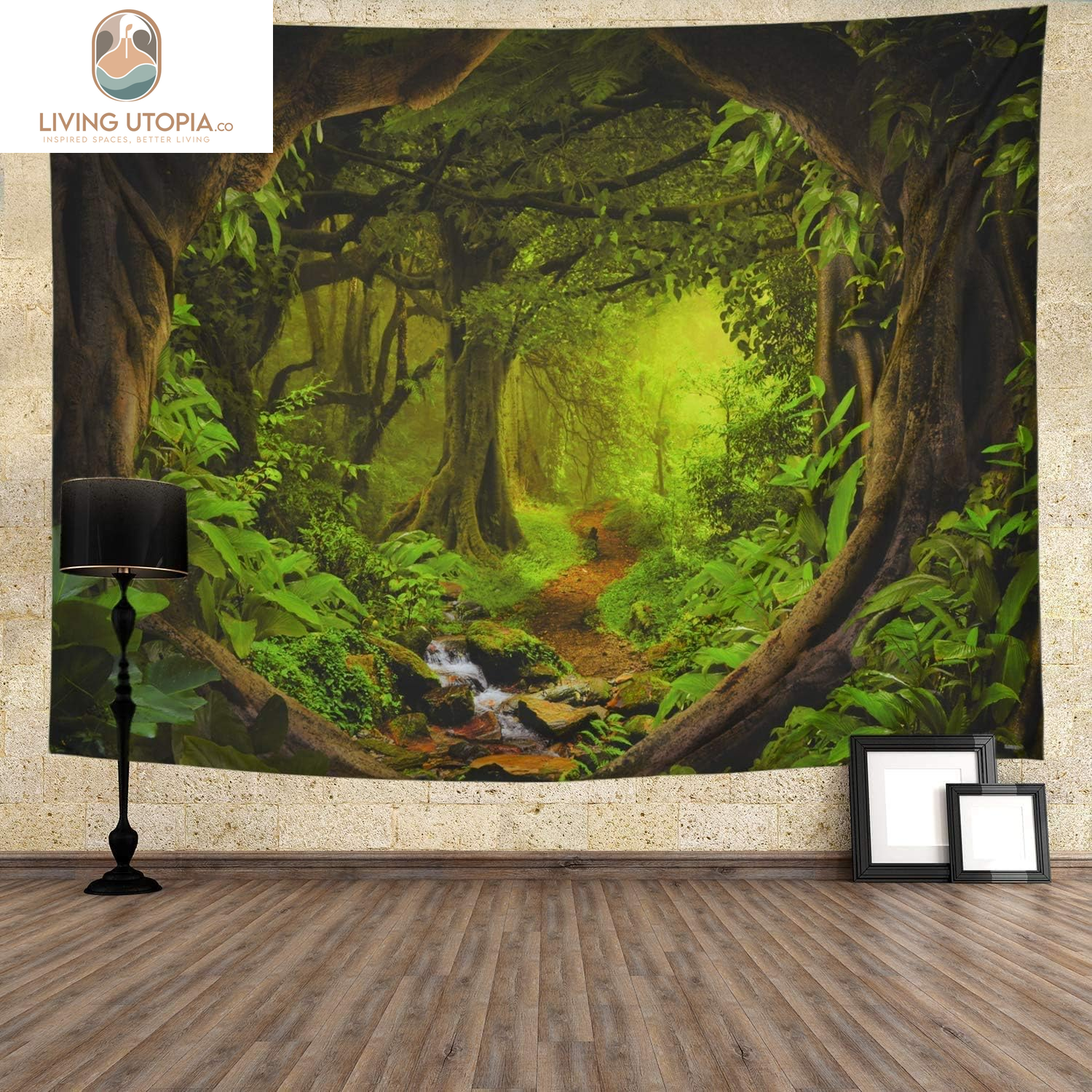 Forest Nature Tapestry - Tree Cave Wall Hanging, Misty Forest Stream through Rainforest Landscape, Jungle Creek Psychedelic for Living Room