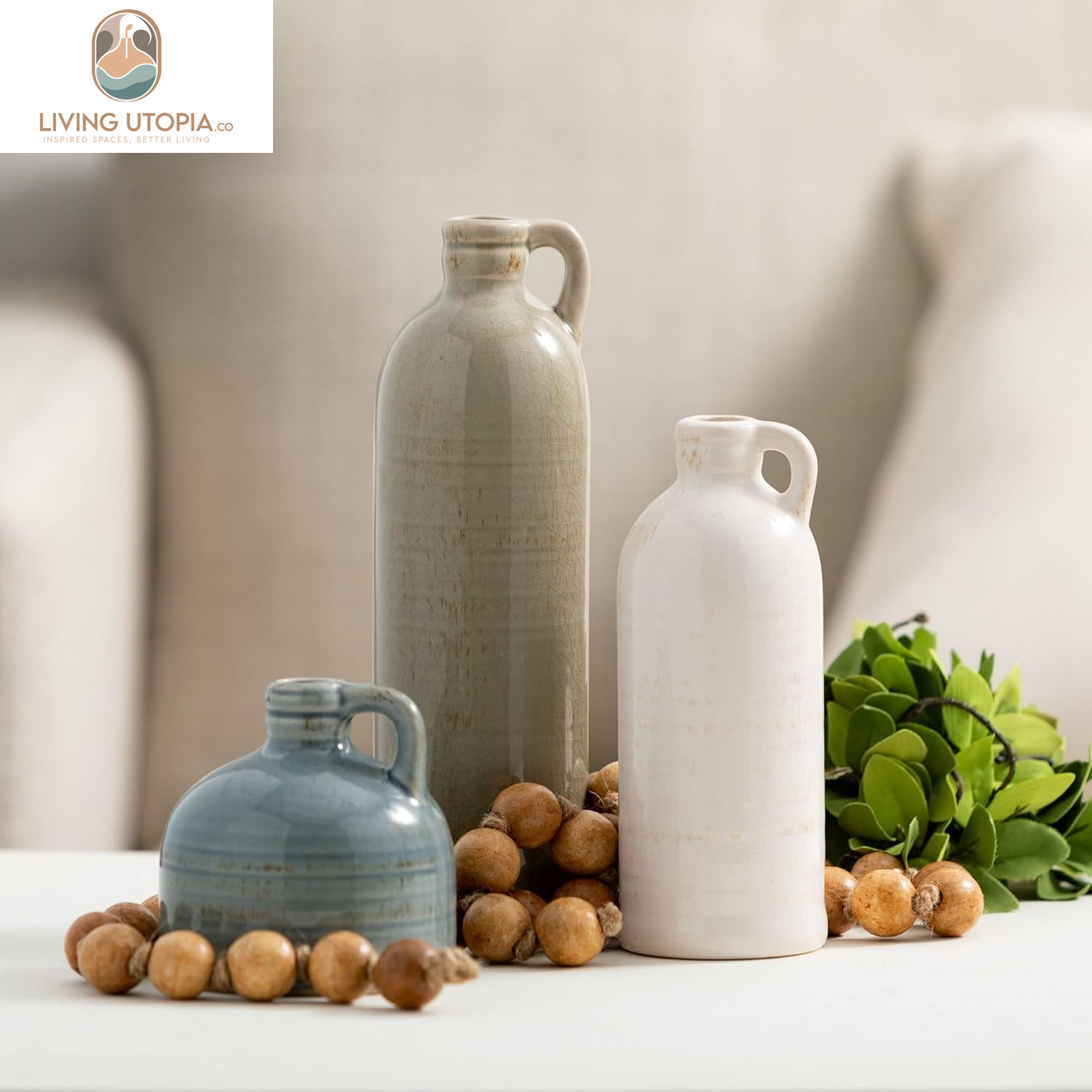 Ceramic Jug Vase Set, Farmhouse Decor, Kitchen, Bedroom, Office, Living Room, Bathroom, & Coffee Table Centerpiece Decorations, Vases for Decor, Mantle & Shelf (CM2431)