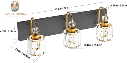 Modern Bathroom Vanity Light Fixture, 3-Lights, Black Metal & Crystal, HJ-8600-3T