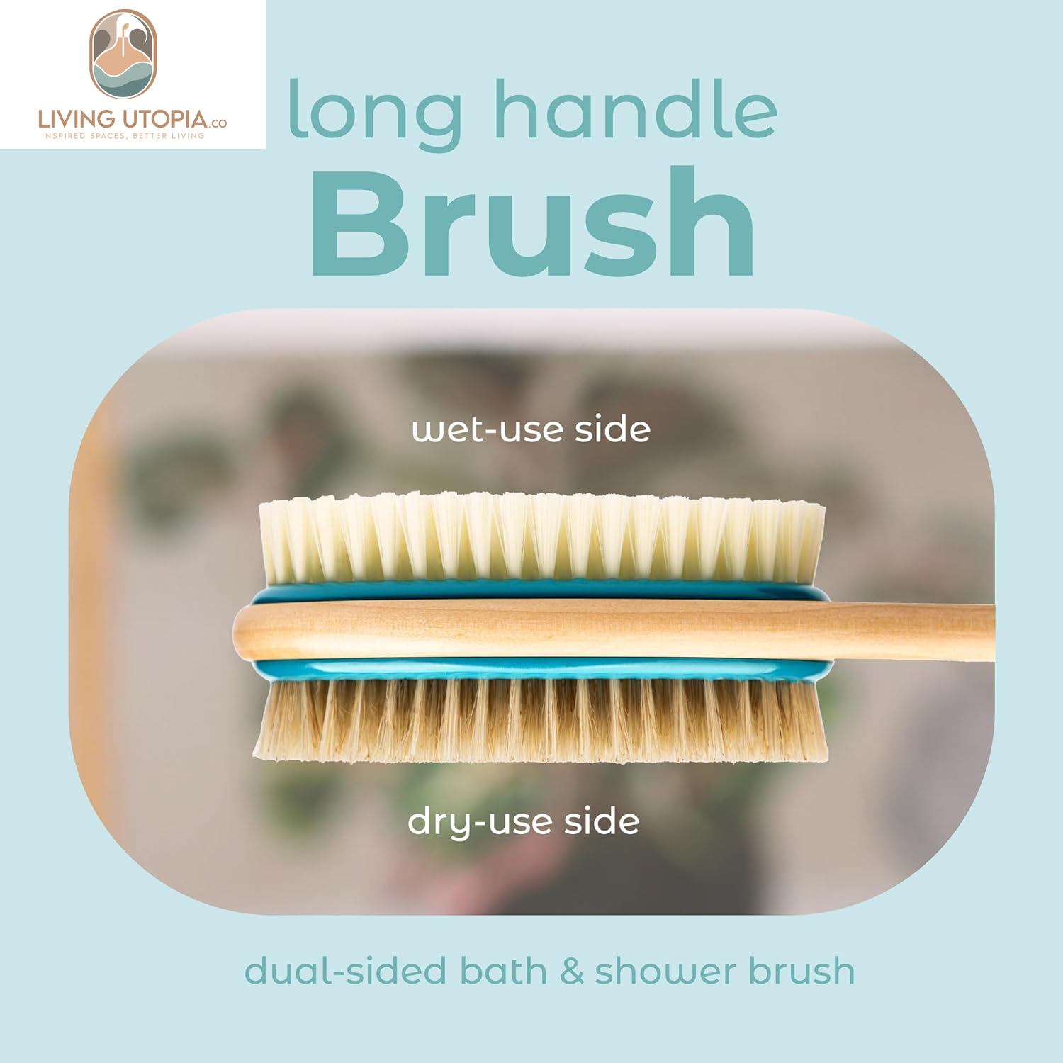 Back Scrubber for Shower – Long Handle Dual-Sided Brush for Body Wash & Scrubbing with Exfoliating & Soft Bristles (Teal, Wood)
