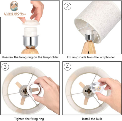 Small Bedside Table Lamp - Wooden Tripod Nightstand Lamp for Bedroom, Living Room, Office, Home with Fabric Linen Shade - 13.4 Inches (Without Bulb)