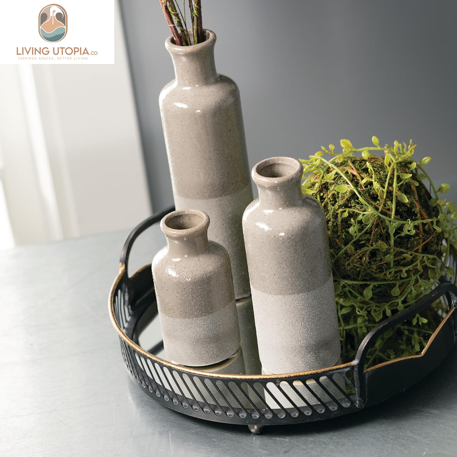 Two-Toned Grey Ceramic Vase Set, Farmhouse Decor, Home Decorative Vases for Your Kitchen, Bedroom, Office, Living Room, Bathroom, & Shelf Centerpiece Table Decorations (CM2859)