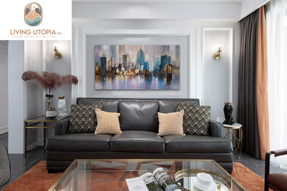 Cityscape Canvas Wall Art Abstract Skyline New York City Painting Prints, Modern Grey Brooklyn Bridge Colorful NYC Picture Framed for Bedroom Living Room Home Office Wall Decor, Large 48"X24"