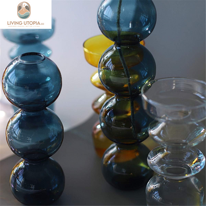 Hydroponic Flower Vase, Three Balls 6.5” Tall Transparent Plant Glass Pots, Suitable Weddings/Party/Events/Decorating Home Office or Dinning/Living Room(Blue)