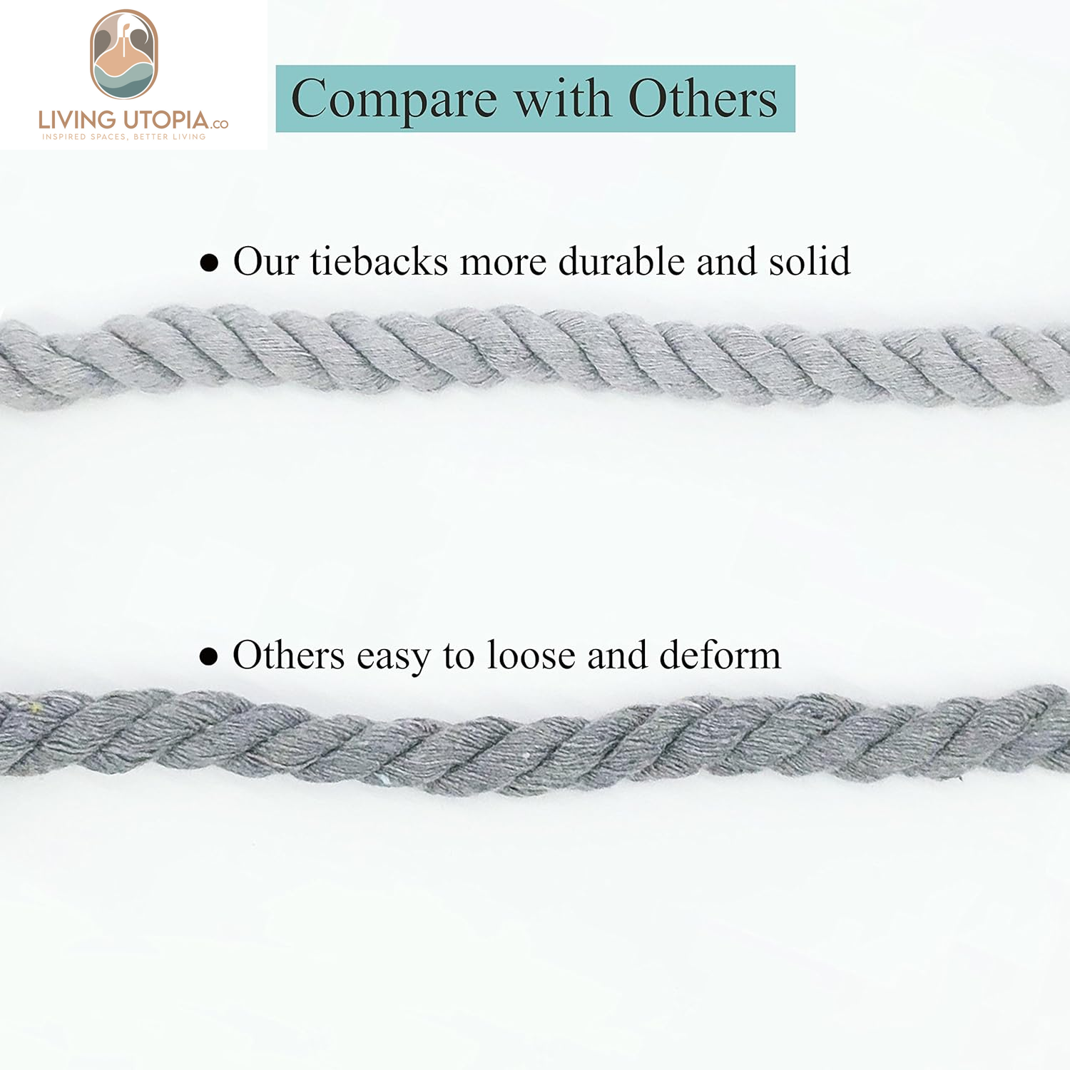 2 Pack Rustic Curtain Tiebacks - Outdoor Curtain Drapery Holdbacks Holders - Hand Knitting Cotton Rope Drape Tie Backs for Sheer and Blackout Curtain(Set of 2, Grey)
