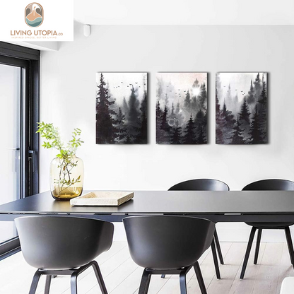 Scenery Watercolor Painting 3 Pieces Canvas Wall Art for Living Room Wall Decor for Bedroom Decorations Modern Office Home Decoration Black and White Forest Landscape Posters Canvas Prints Artwork