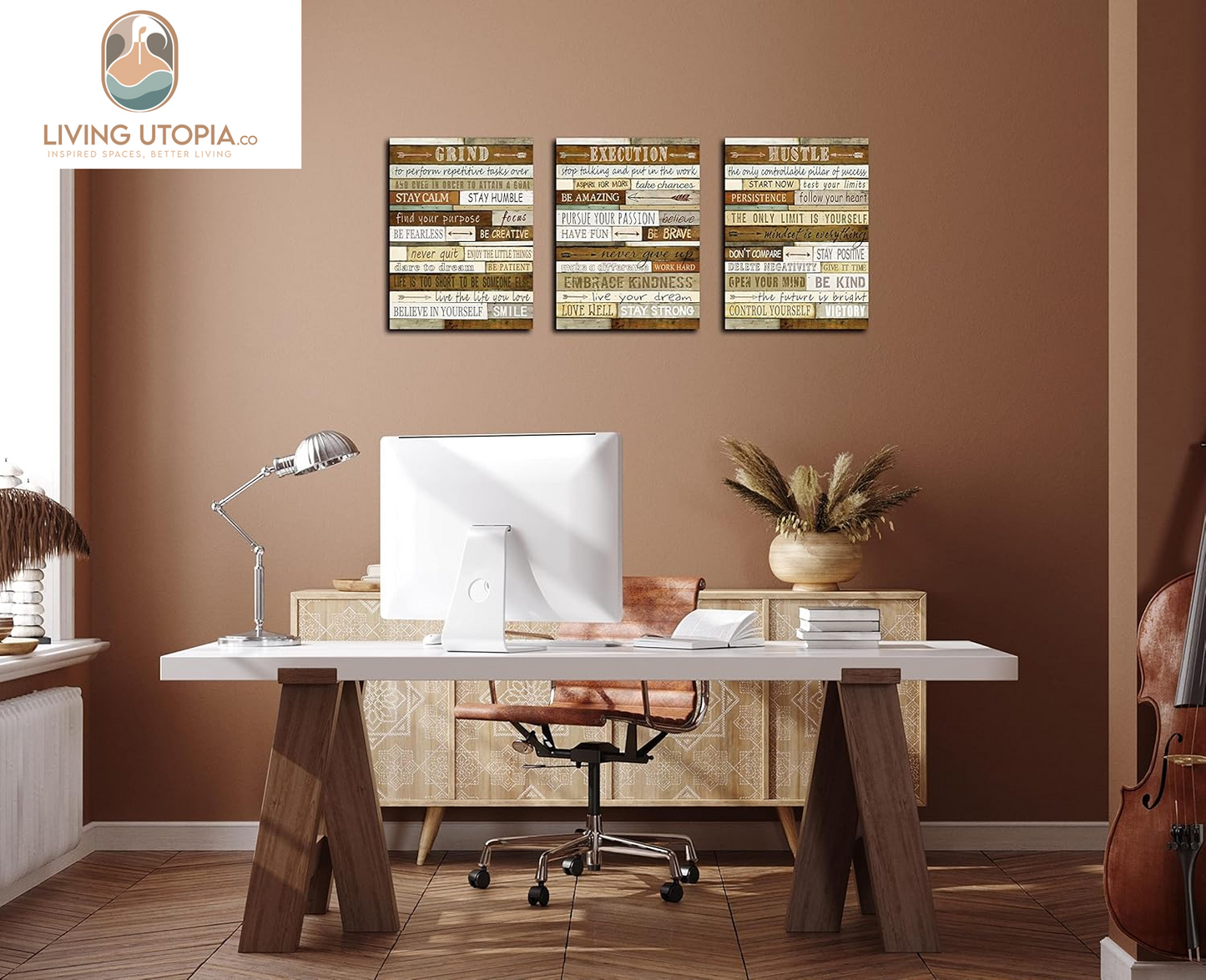 Motivational Wall-Decor - Brown Inspirational Posters - 3 Piece Canvas Wall Art for Bedroom Ready to Hang Size 12" X 16"