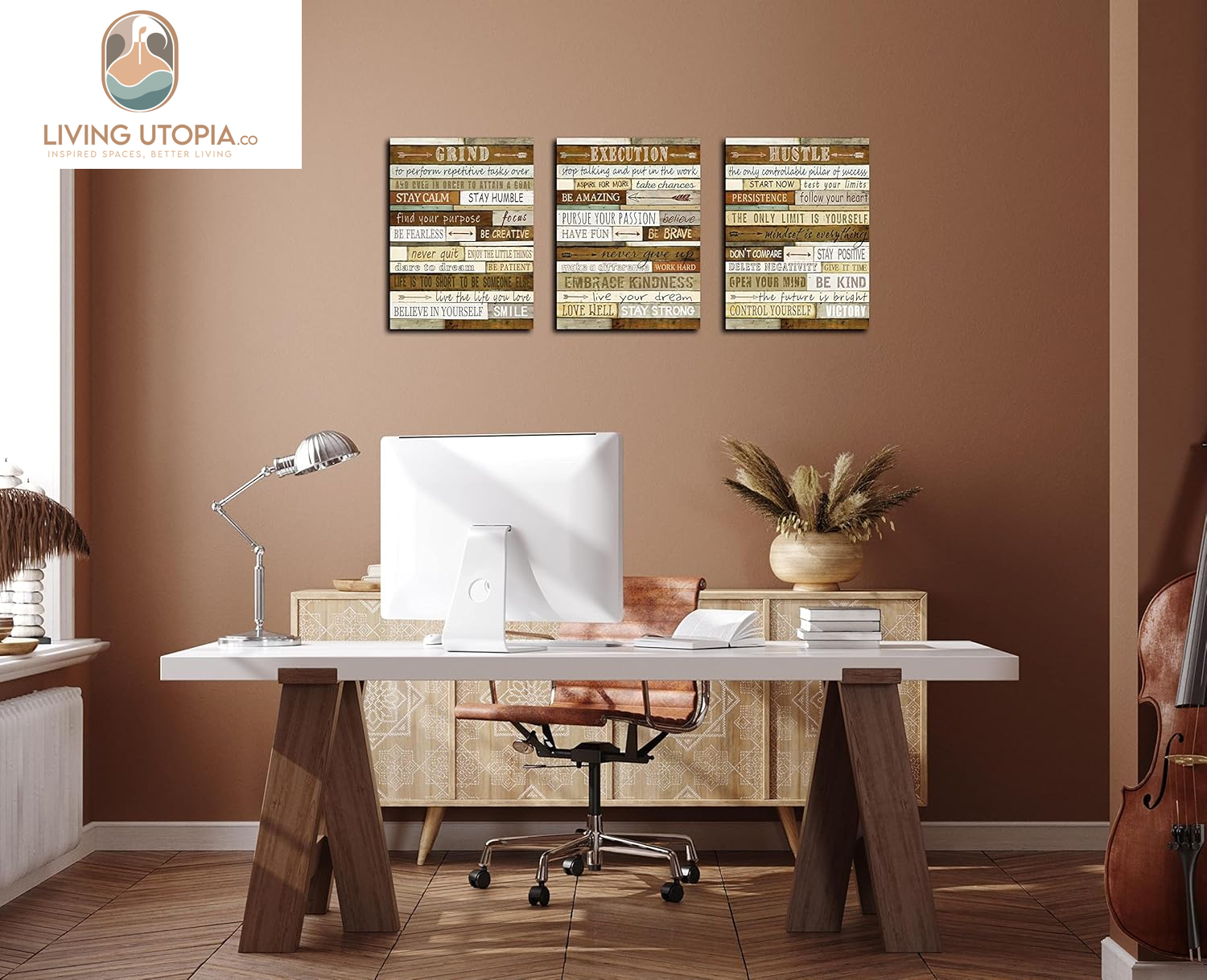 Motivational Wall-Decor - Brown Inspirational Posters - 3 Piece Canvas Wall Art for Bedroom Ready to Hang Size 12" X 16"