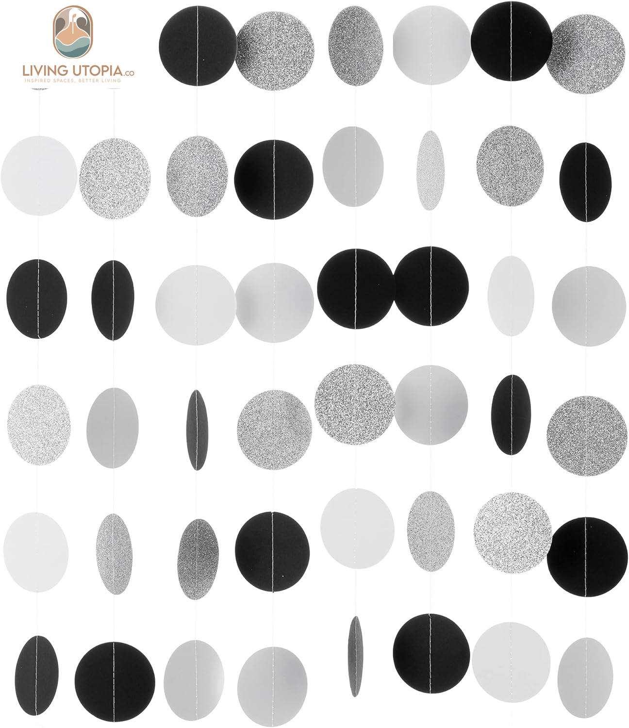 Black White Silver Glitter Paper Garland Circle Dot Streamer Banner for Graduation Bridal Shower Wedding Birthday Party Decorations, 2.5" in Diameter, 20 Feet in Total