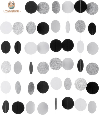 Black White Silver Glitter Paper Garland Circle Dot Streamer Banner for Graduation Bridal Shower Wedding Birthday Party Decorations, 2.5" in Diameter, 20 Feet in Total
