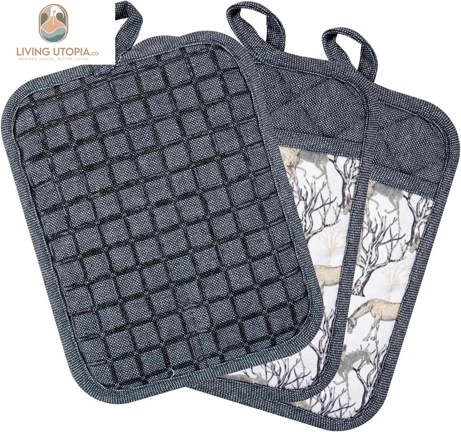 Pot Holders Set of 3 Silicone Printing Non Slip Heat Resistant, Yarm-Dyed Hot Pads Cotton Home Kitchen Cooking Barbecue Microwave Women Men Machine Washable BBQ Grilling. (Gray Potholders)