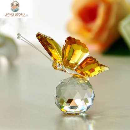 Crystal Flying Butterfly with Crystal Ball Base Figurine Collection Cut Glass Ornament Statue Animal Collectible (Yellow)