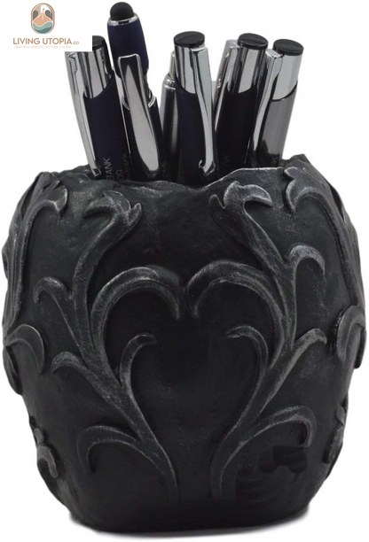 Set of 2 Tribal Tattoo Floral Skull Pen Holder Figurine 5.75" L Office Desktop Ossuary Skulls Decor Cranium Skeleton Head Stationery Holder as Halloween Macabre Graveyard Spooky Statue