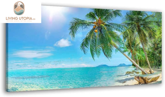 Canvas Wall Art for Living Room Tropical Palm Tree Summer Artwork Blue Sky Ocean Themed Coconut Trees Seascape Painting Nature Scenery Picture for Bedroom Bathroom Home Office Decor 40L X 20W