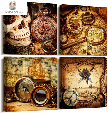 Pirate Ship Compass Restoring Ancient Ways Wall Art for Living Room Canvas Prints Artwork Bathroom Wall Decor Watercolor Painting 4 Piece Framed Bedroom Wall Decorations Office Home Decoration
