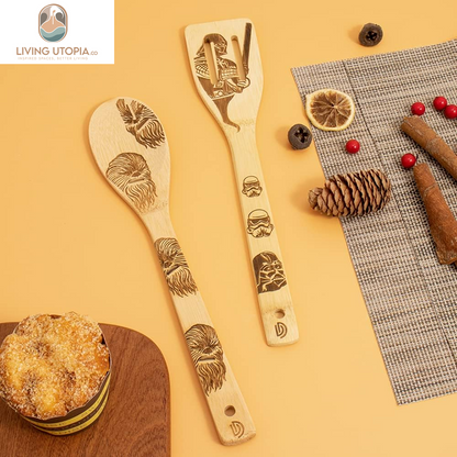 5 PCS Star War Burned Wooden Spoons Cooking Organic Spoons Turners Carved Spatulas Non-Stick for Cookware Kitchen Gadgets - Premium Quality Gifts for Housewarming and Wedding