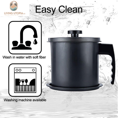 Bacon Grease Container with Strainer- 1.3 L or 5.2 Cup Iron Kitchen Oil Storage Can with Fine Mesh Strainer for Storing Hot Frying Oil, Fat (Black)