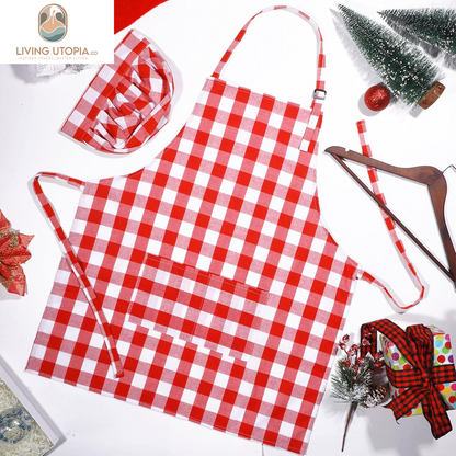 2 Pcs Chef Costume for Women Men Chef Hat Apron Set for Adult Baker Apron Hat for Cooking Cosplay(Red, White,Plaid Style)