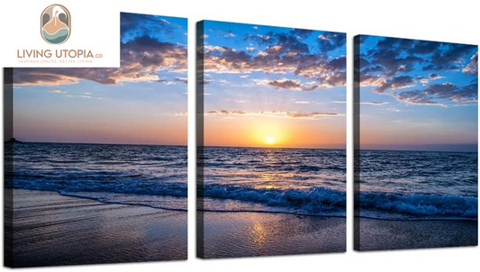 3 Piece Canvas Wall Art -Sunrise Blue Sea View Landscape - Modern Home Decor Room Stretched and Framed Ready to Hang - 12"X16"X3 Panels