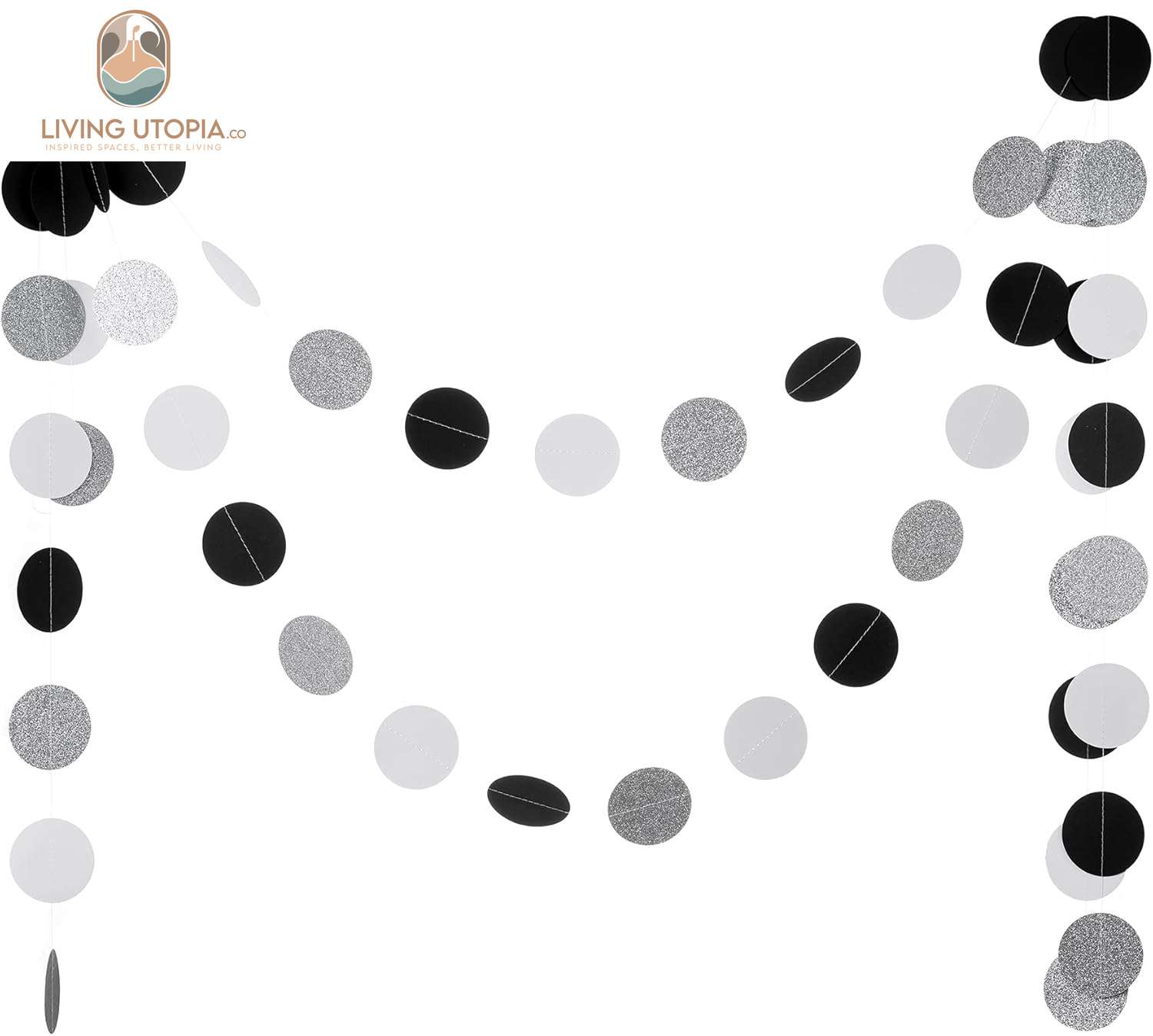 Black White Silver Glitter Paper Garland Circle Dot Streamer Banner for Graduation Bridal Shower Wedding Birthday Party Decorations, 2.5" in Diameter, 20 Feet in Total
