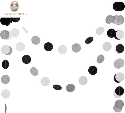 Black White Silver Glitter Paper Garland Circle Dot Streamer Banner for Graduation Bridal Shower Wedding Birthday Party Decorations, 2.5" in Diameter, 20 Feet in Total