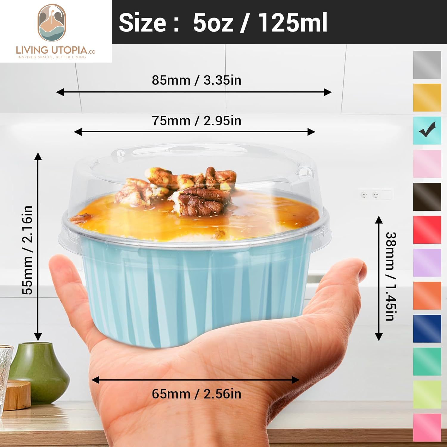 Aluminum Cups with Lids, 50Pcs 5Oz 125Ml Foil Cupcake Baking Cups, Muffin Liners Cups with Lids, Disposable Foil Ramekins Pans, Aluminum Foil Cupcake Holders
