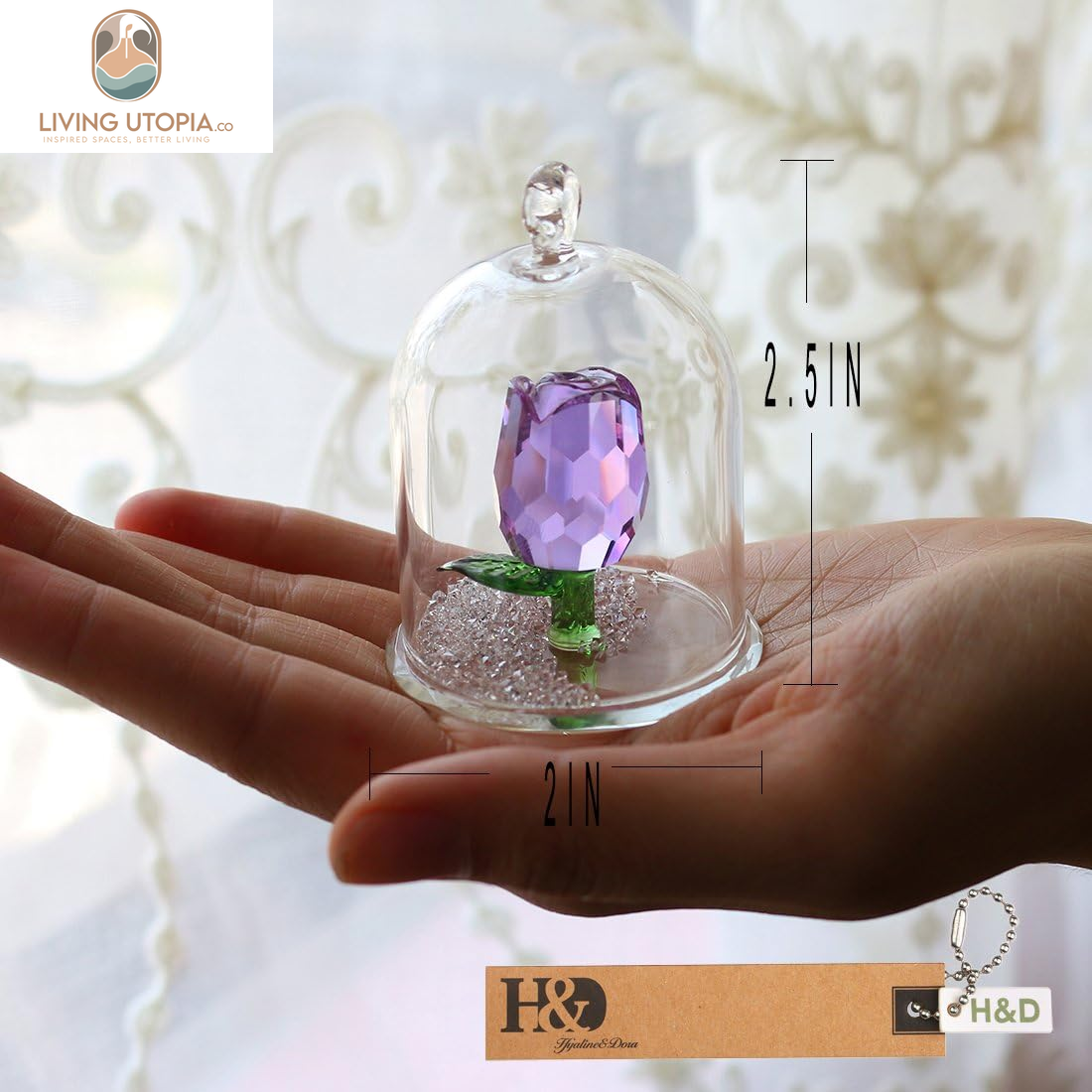 H&D Crystal Enchanted Rose Flower Figurine Dreams Ornament in a Glass Dome Gifts for Her (Purple)