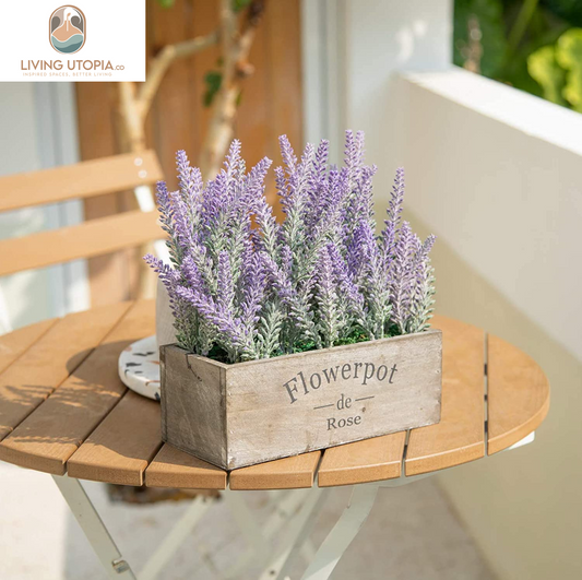 Purple Artificial Lavender Flowers with Decorative Tray Wooden Box 9 Inches - Lifelike Faux Lavender Plants for Home and Office Decor, Fake Lavender Rustic Farmhouse Style