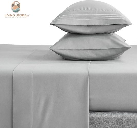 Full Bed Sheets Set 1800 Series 4-Piece Embroidered Double Brushed Microfiber Sheets 16" Deep Pocket Hotel Soft Luxury Bedding Sheet Set, Wrinkle Resistant, Light Grey/Gray