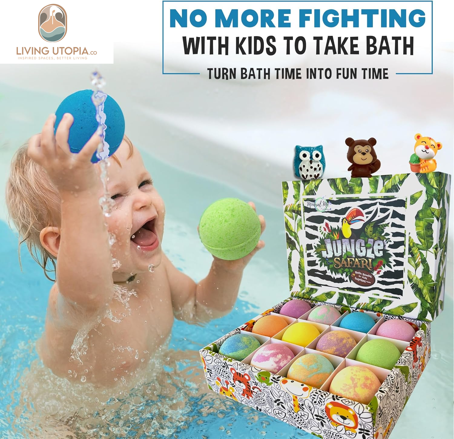 Bath Bombs for Kids with Surprise Inside, 12 Organic Bubble Bath Fizzies with Jungle Animal Toys. Moisturizing, Gentle & Kids Safe, Rainbow Spa Bath Fizz, Birthday Gifts for Kids, Boys, Girls