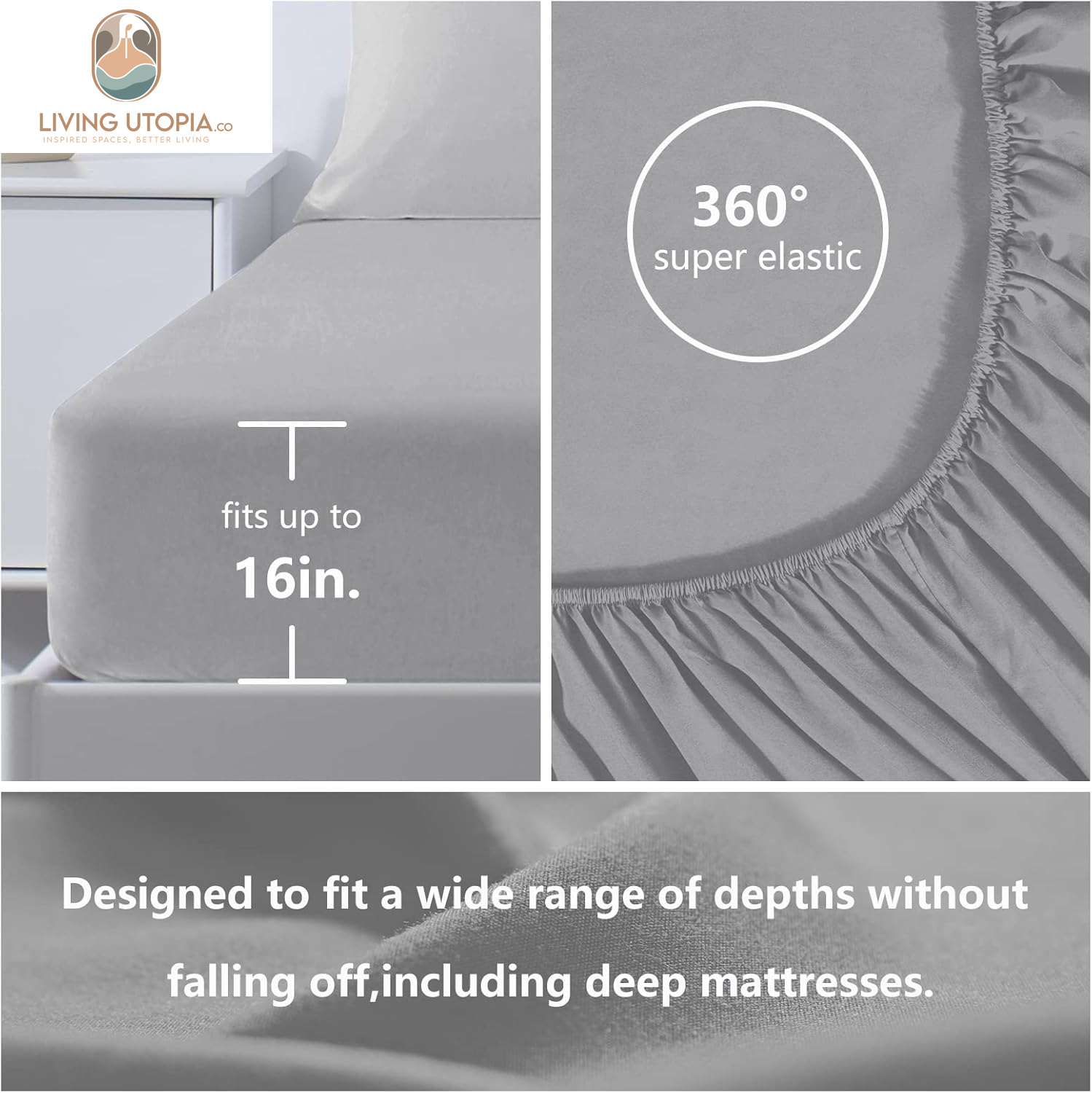 Full Bed Sheets Set 1800 Series 4-Piece Embroidered Double Brushed Microfiber Sheets 16" Deep Pocket Hotel Soft Luxury Bedding Sheet Set, Wrinkle Resistant, Light Grey/Gray