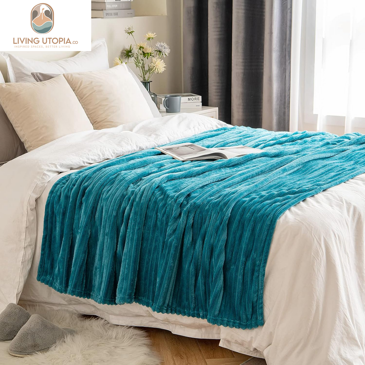 Fleece Throw Blanket for Couch 300GSM Super Soft Lightweight Plush Striped Blanket, Teal Blue Warm Cozy Breathable Ribbed Blanket for Bed/Sofa, Throw Size 50"X60", Turquoise