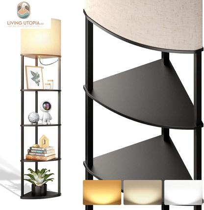 Corner Lamp 5-Tier Shelf Floor Lamp Display with 3 Color Temperatures LED Bulb and Linen Lamp Shade, Shelves for Living Room, Bedroom and Office - Black