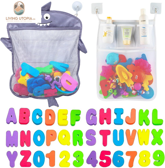 Baby Bath Toy Organizer - Shark +36 Bath Letters & Numbers +Extra Bath Toy Storage Net & 10 Strong Hooks, Great Bath Net for Kids, Cute Bathtub Toy Organizer and Bath/Shower Caddy Solution