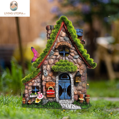 Resin Fairy House Statues with Solar Powered Lights, Funny Garden Sculptures with Flocked and Cobblestone Decor, Exquisite Garden Cottage Figurines
