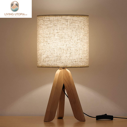 Small Bedside Table Lamp - Wooden Tripod Nightstand Lamp for Bedroom, Living Room, Office, Home with Fabric Linen Shade - 13.4 Inches (Without Bulb)