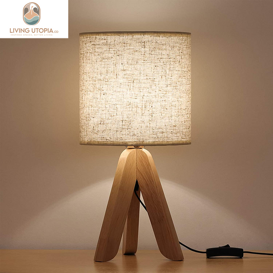 Small Bedside Table Lamp - Wooden Tripod Nightstand Lamp for Bedroom, Living Room, Office, Home with Fabric Linen Shade - 13.4 Inches (Without Bulb)