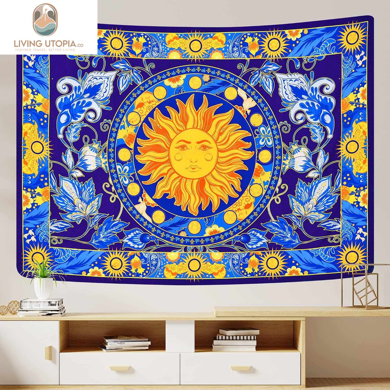 Burning Sun Tapestry Flower Vines Tapestries Vintage Floral Tapestry Mystic Tapestry Hippie Tapestry Wall Hanging for Room(Blue, 51.2 X 59.1 Inches)