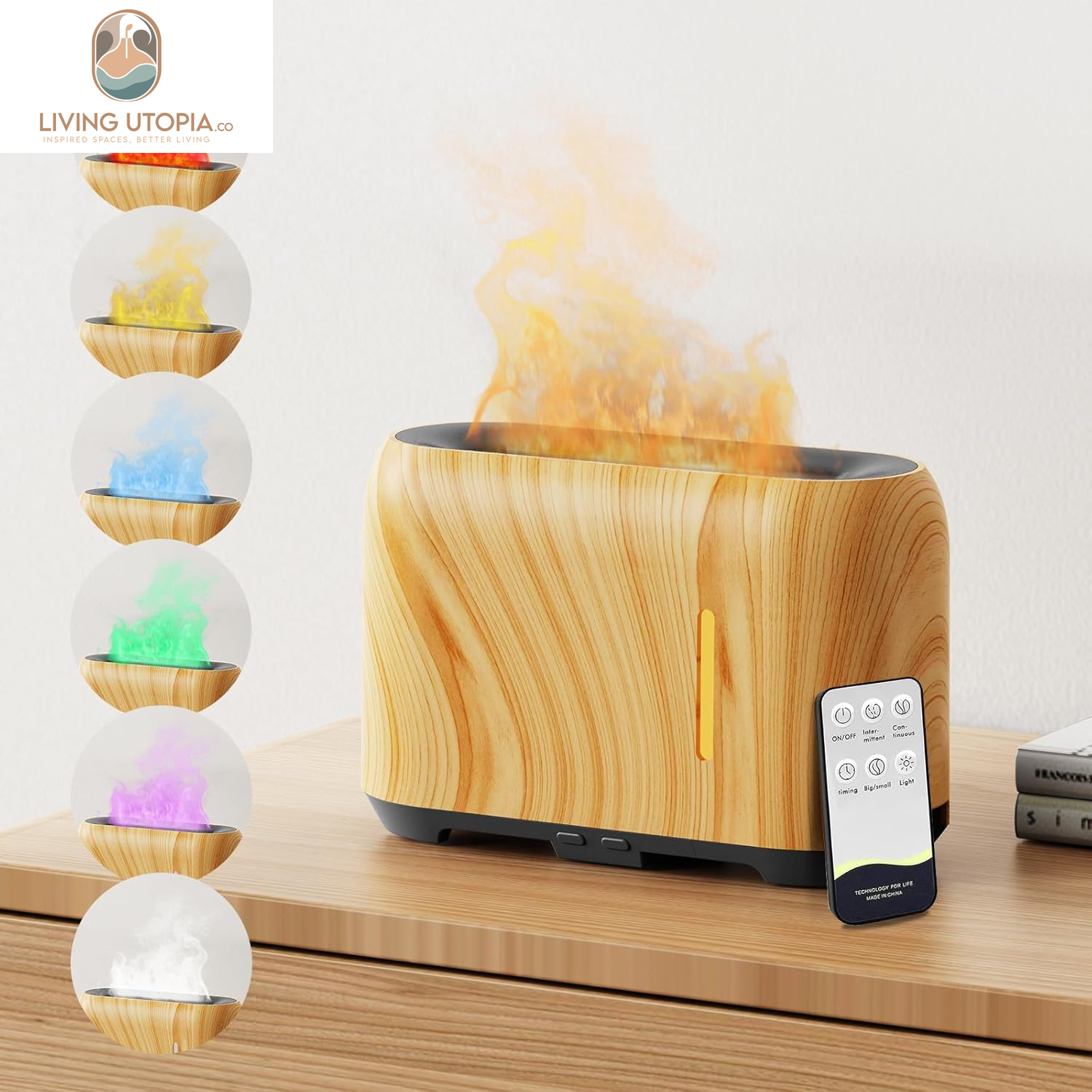 Upgraded Flame Essential Oil Diffuser, Aromatherapy Air Diffuser with Remote Control, RGB Fire Cool Mist Scent Diffuser/Humidifier for Home Office with Timer, 2 Mist Modes, Auto Off-White Birch