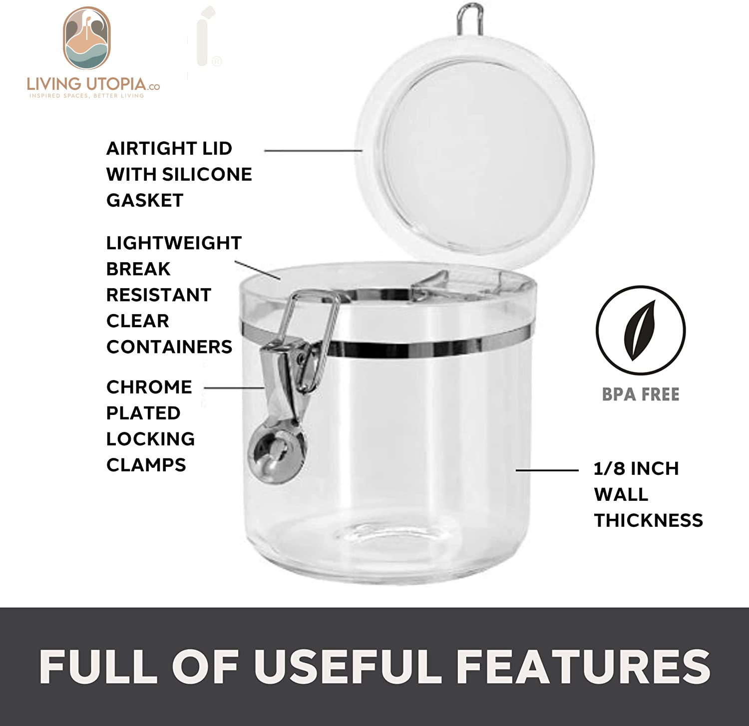 Jumbo Clear Canister with Clamp Lid, 150 Oz - Airtight Food Storage Container, for Kitchen & Pantry Storage of Bulk, Dry Foods Including Pasta, Flour, Sugar, Coffee, Rice, Tea, Spices & Herbs
