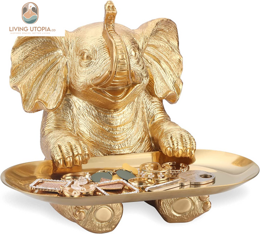 Gold Elephant Statue for Home Decor Accents Living Room Bookshelf TV Stand Office. Trinket Dish. Retirement Appreciation Gift -Gift for Mom Boss Co-Workers, Teachers, Nurse, Friends, Wife, Sister