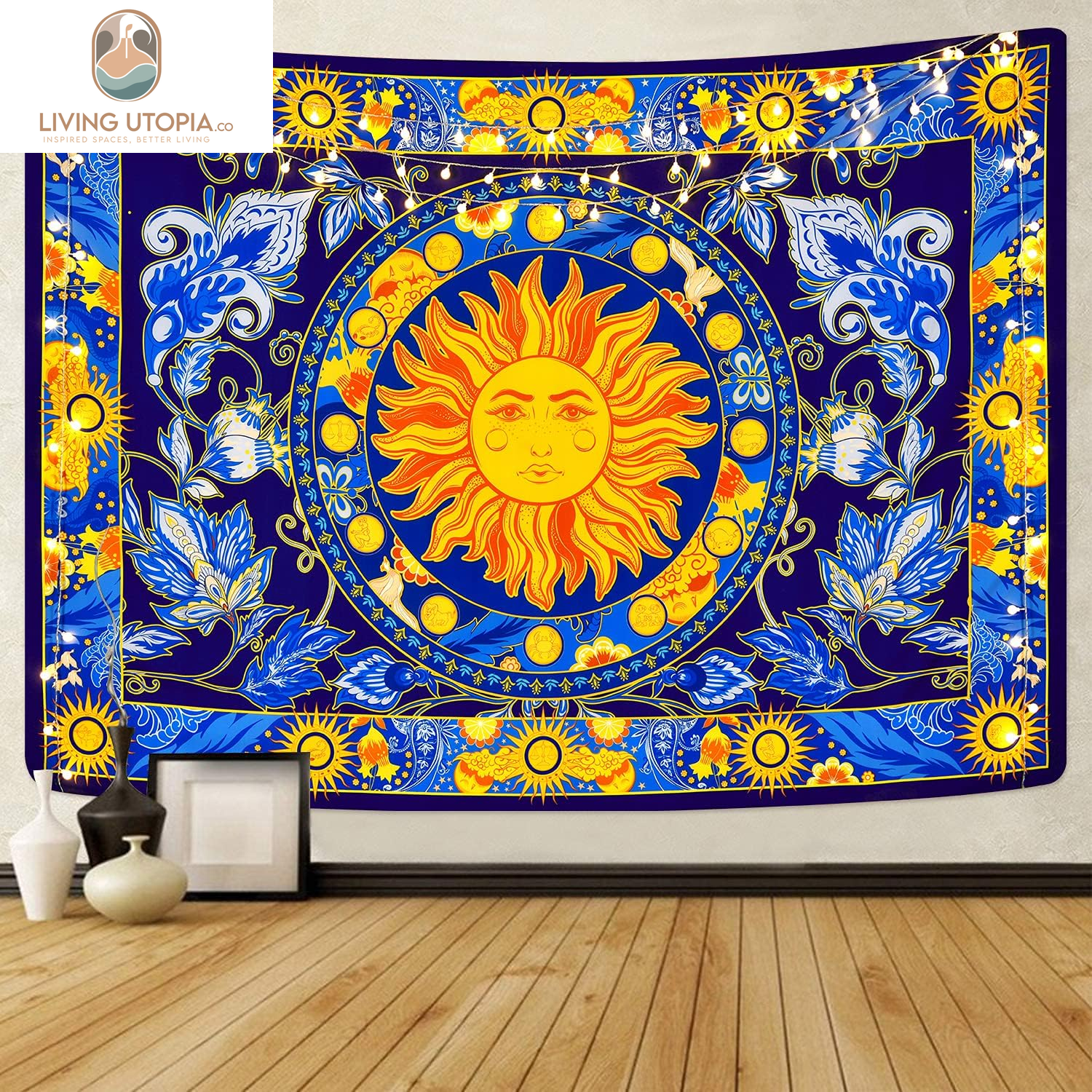 Burning Sun Tapestry Flower Vines Tapestries Vintage Floral Tapestry Mystic Tapestry Hippie Tapestry Wall Hanging for Room(Blue, 51.2 X 59.1 Inches)